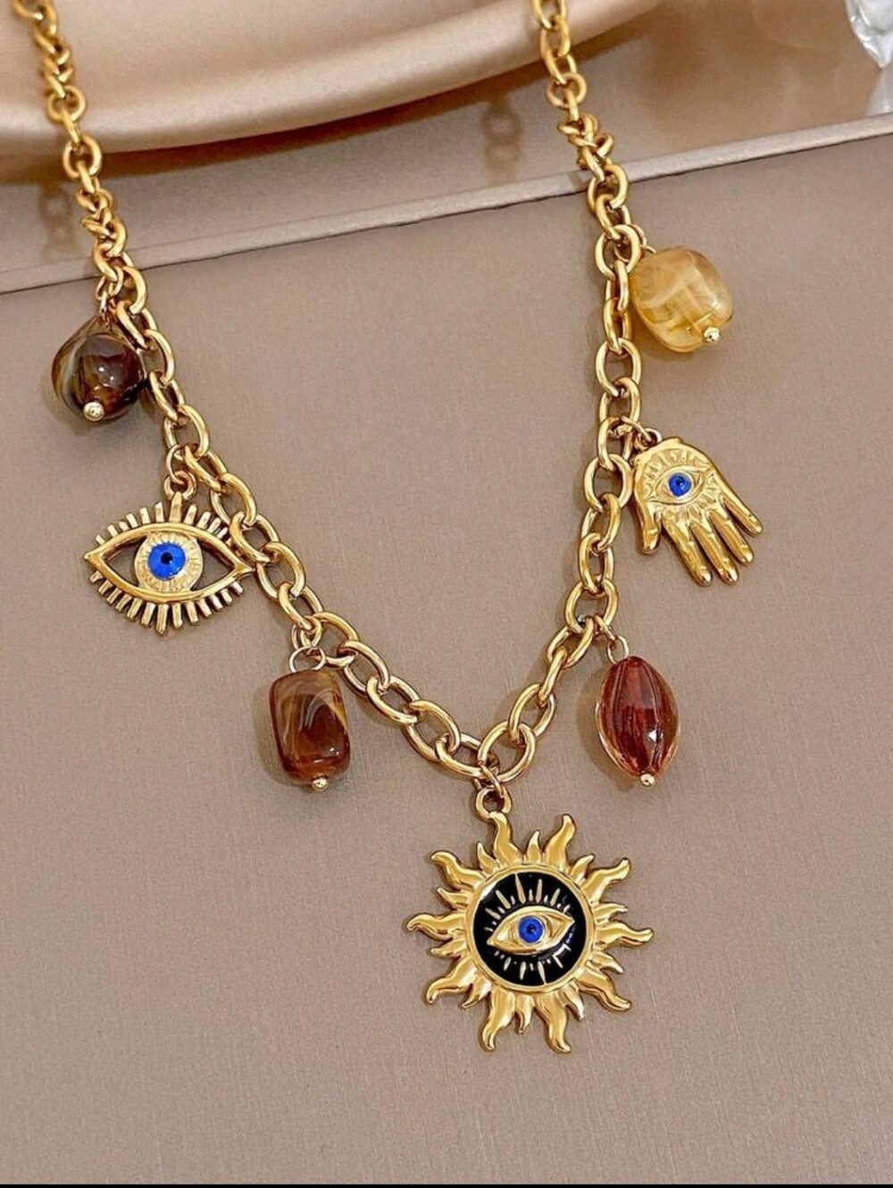 BRAND NEW ** Gold Sun & Evil Eye Charm Necklace with Amber Beads